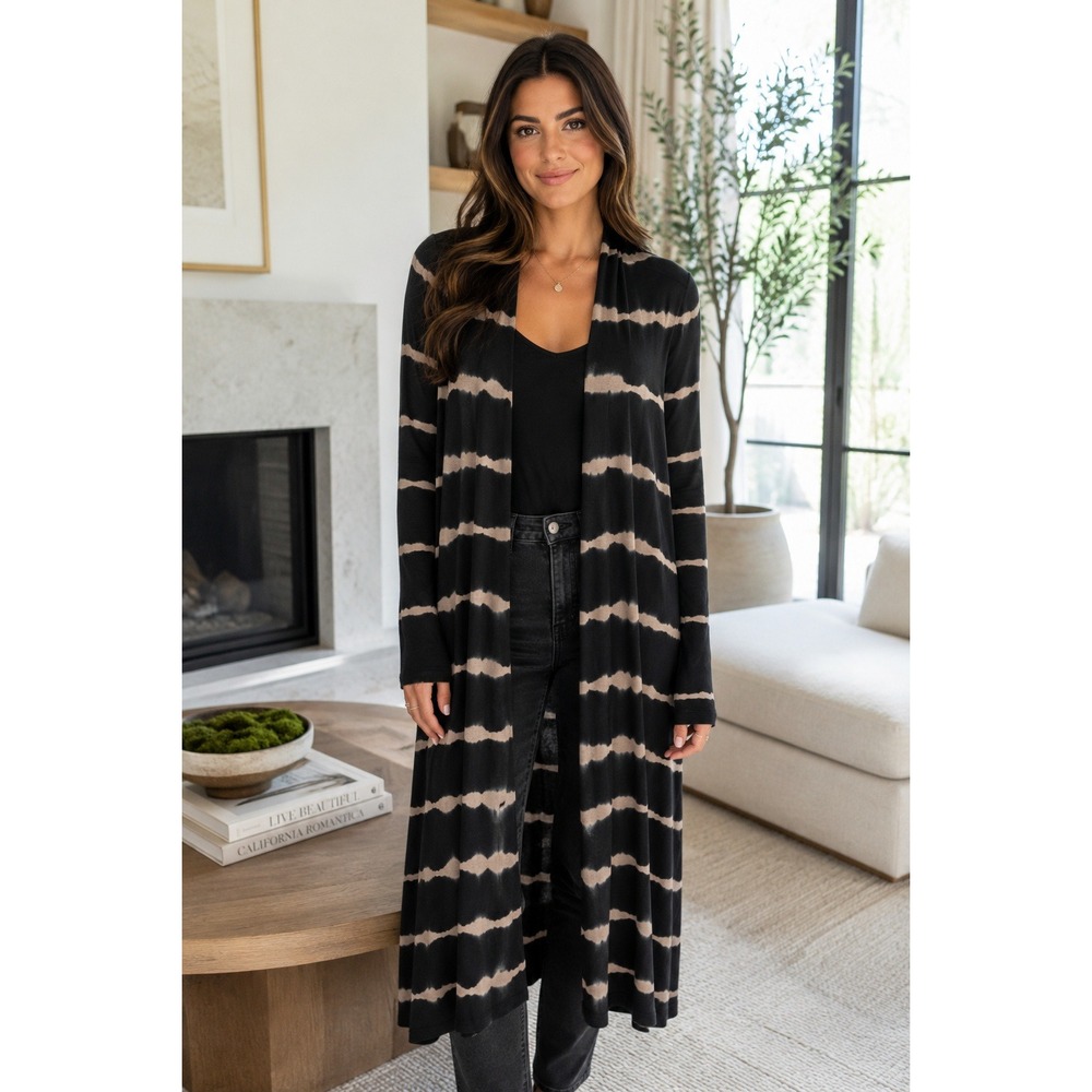 LAmade Womens Tie Dye Stripe Open Front Cardigan Black Tan Soft Micromodal M
